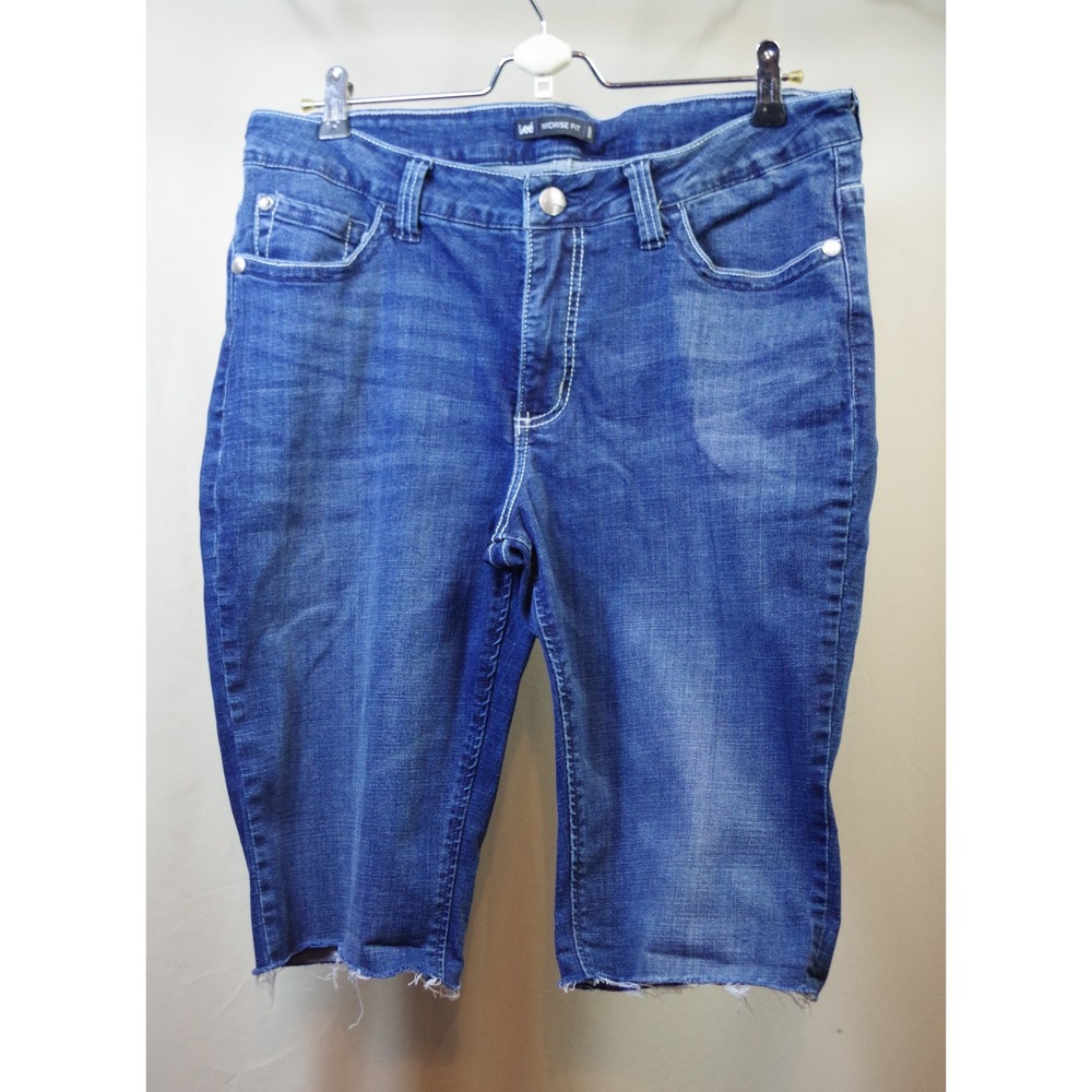 Lee Midrise Size 14M Fit Denim Bermuda Shorts Medium Wash Raw Hem Rhinestone